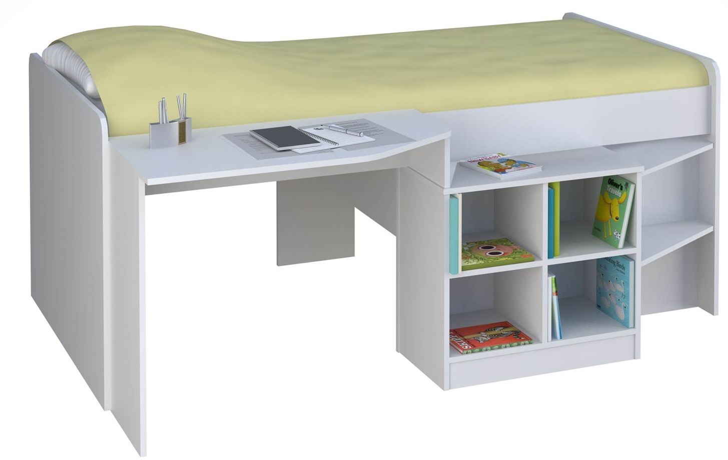 Pat copii Polini Kids Simple cu masa si rafturi 4000 Alb