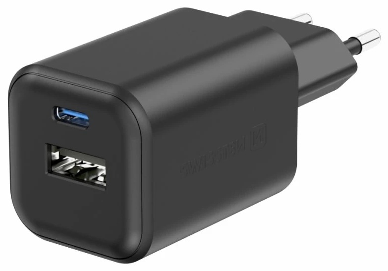 Încărcător Swissten GaN 1xUSB-C 45W PD + 1xUSB-A 18W QC Black