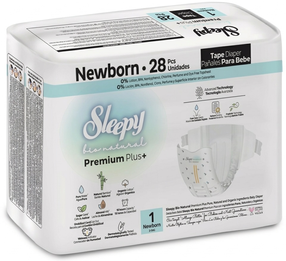 Scutece Sleepy Bio Natural Premium Plus + Newborn 1 28pcs