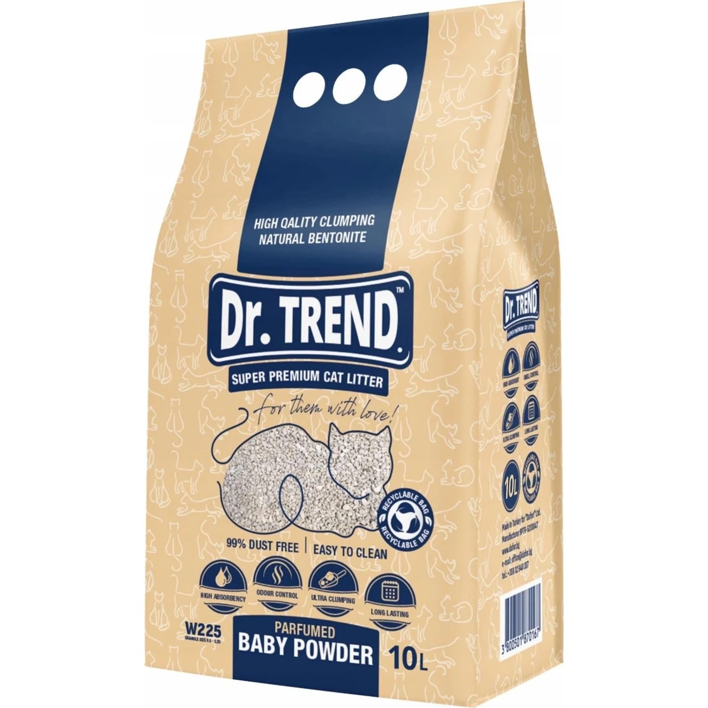 Asternut igienic pentru pisici Dr.Trend Natural Bentonite Parfumed Baby Powder 10L