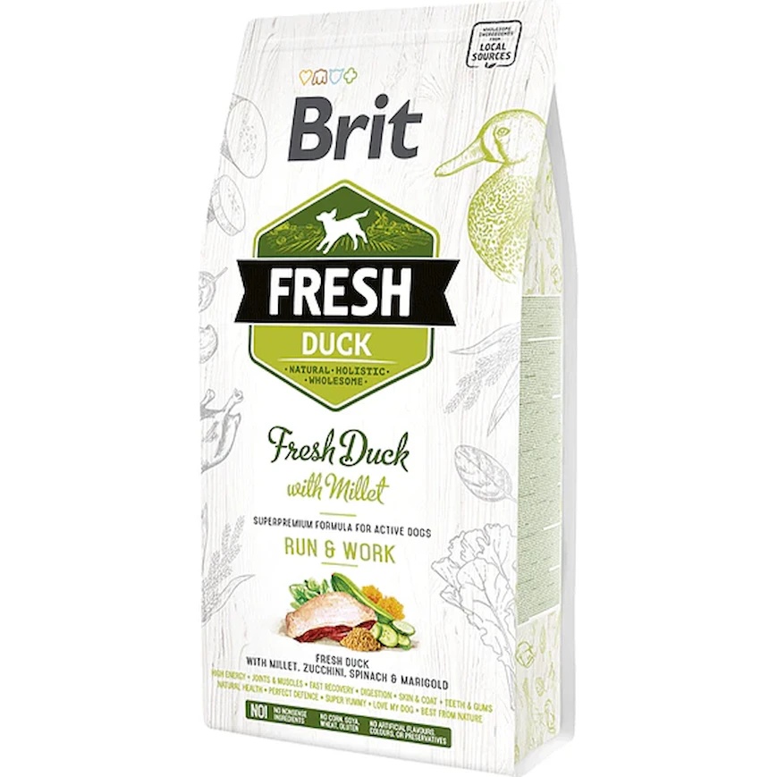 Hrană uscată pentru câini Brit Fresh Adult Run & Work Duck & Millet 2.5kg