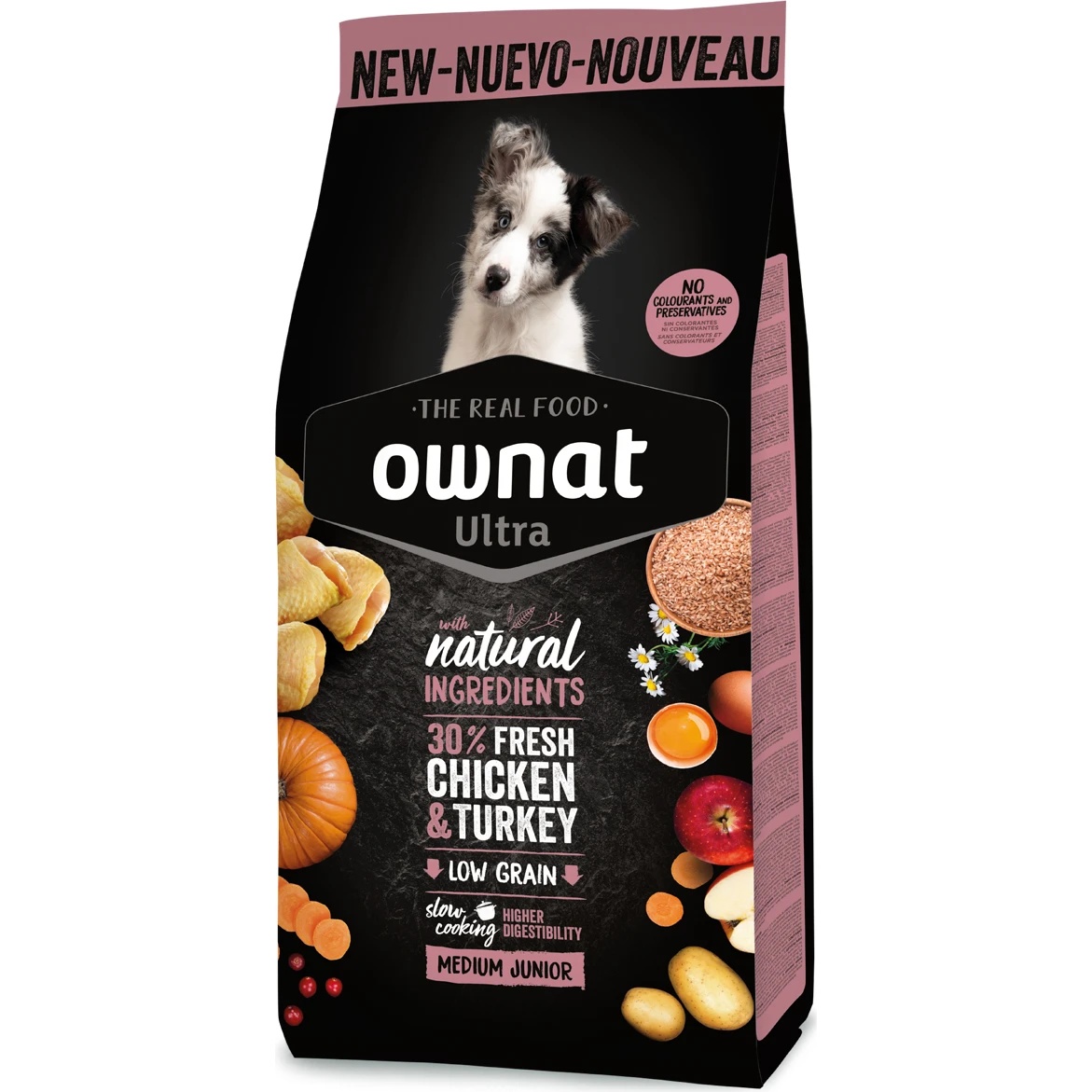 Hrană uscată pentru câini Ownat Ultra Low Grain Medium Junior Chicken & Turkey 12kg