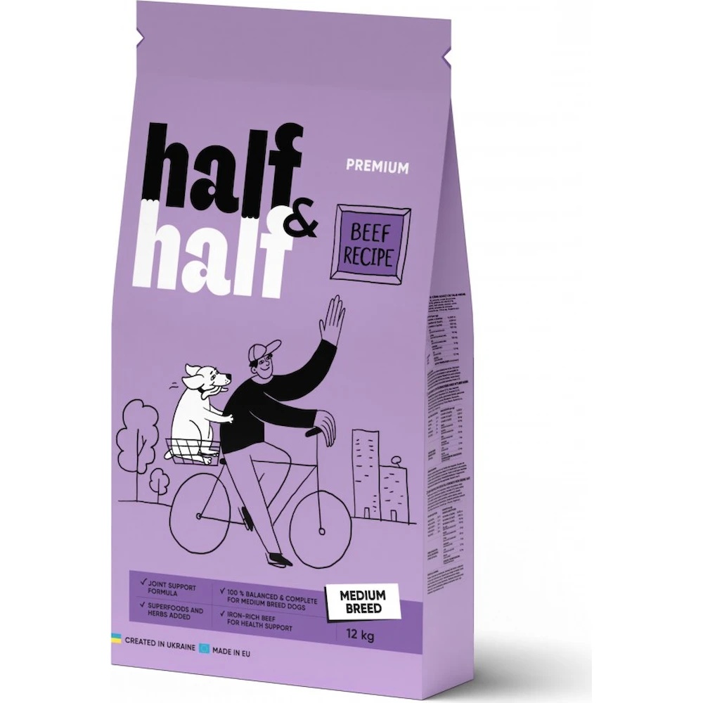 Hrană uscată pentru câini Half&Half Beef Recipe Medium Breed 12kg