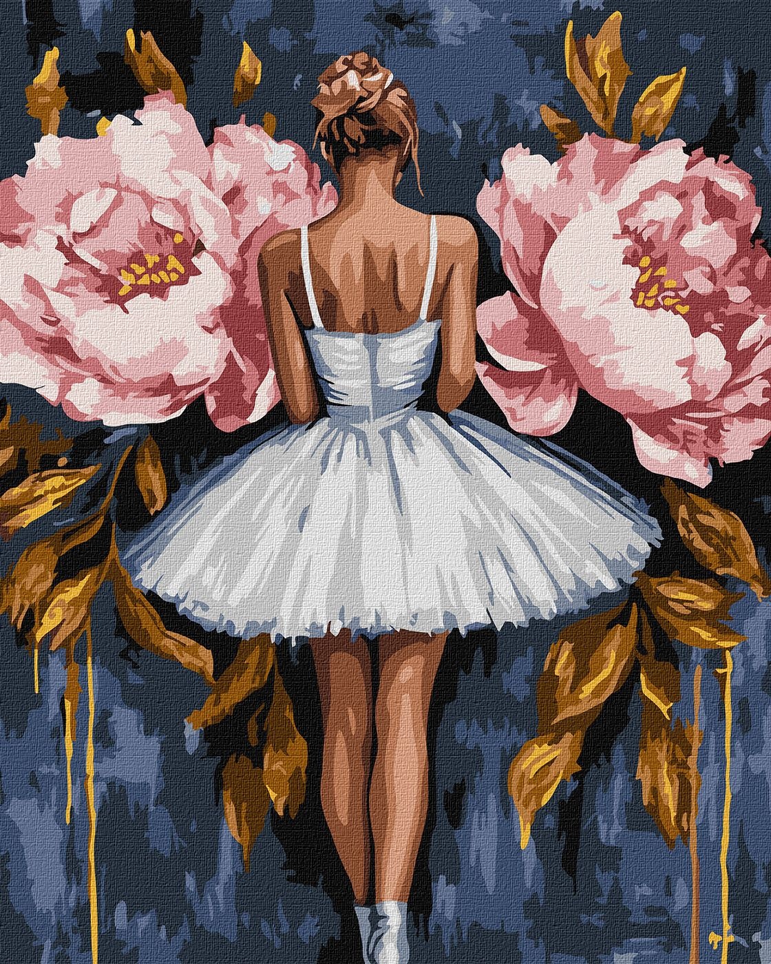 Tablou pe numere Ideyka Ballerina With Pink Peonies With Extra Metallic Paints 40x50cm (KHO8662)